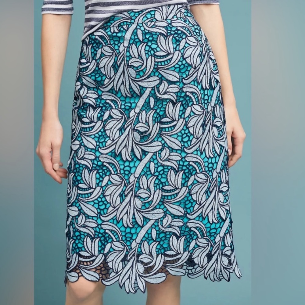 NWOT Anthropologie Teal Blue & White Lace Midi Skirt